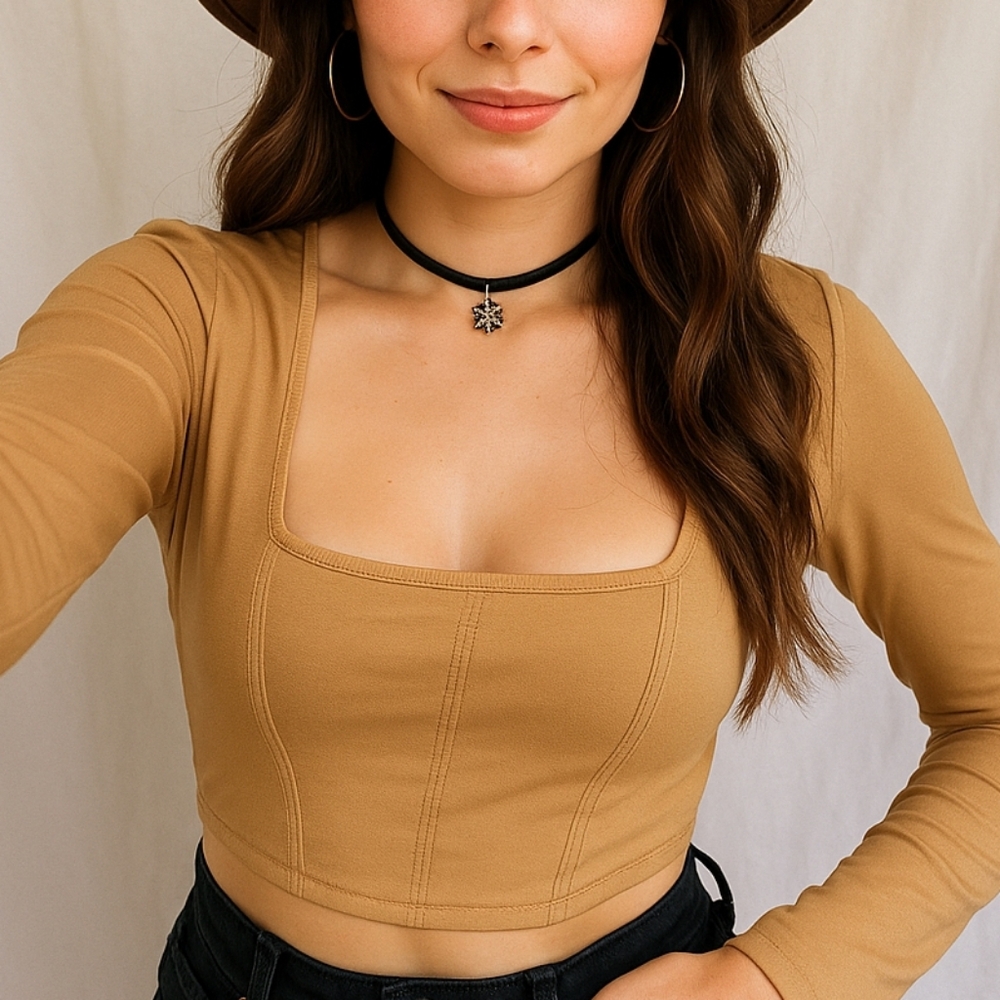 Abercrombie & Fitch Soft A&F Square Neck Long Sleeve Tan Corset Top Women's M